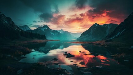 湖と夕焼け,Generative AI AI画像