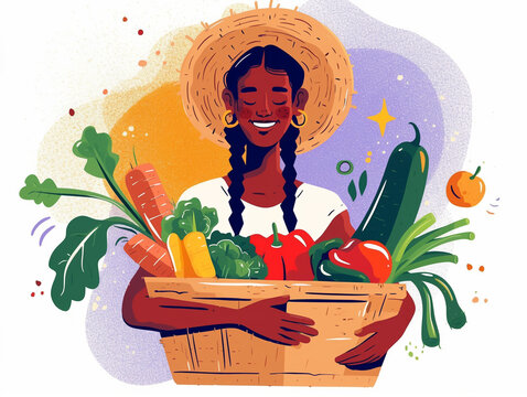 Happy woman holding basket full of fresh vegetables