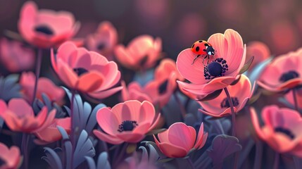 Beautiful Pink Flowers, Anemones, With A Ladybug Perched Delicately, Heralding The Arrival Of Spring With Joy And Vibrancy, Cartoon Background