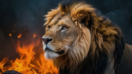 Naklejka premium Majestic lion before a backdrop of raging flames