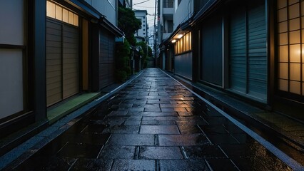Fototapeta premium Evening view of a serene Japanese style street under a dark sky