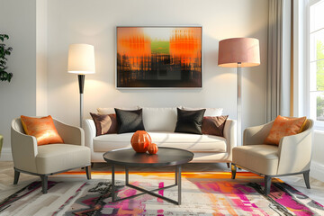 A simple living room interior with two chairs, a sofa and coffee table, featuring modern design elements such as an abstract lamp in shades of orange and pink
