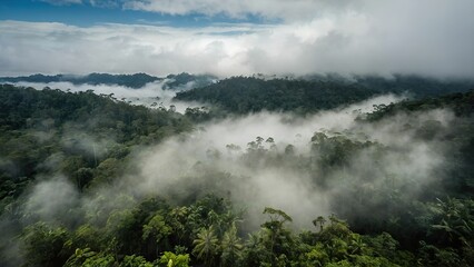 Fototapeta premium Misty tropical forest with lush greenery and serene atmosphere