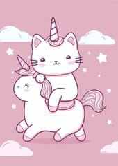 Happy Cat Riding Unicorn