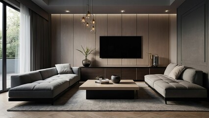 Contemporary living room with elegant furniture and large TV