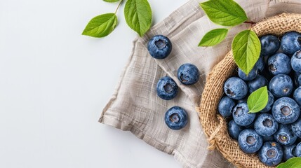   A basket brimming with blueberries rests near a leafy green leaf atop a burlap surface