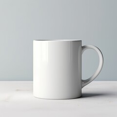 Clean white coffee mug on a soft, textured surface, blank for design purposes, in a minimalist, warm setting.