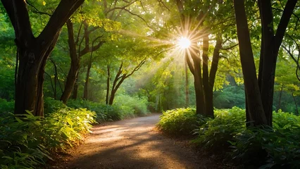 Tuinposter Bosweg Sunlit pathway winding through vibrant green forest  © sitifatimah
