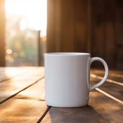 Warm and inviting scene of a white coffee mug mockup with space for text, placed on an old wood table with morning light spilling over.