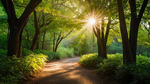 Sunlit pathway winding through vibrant green forest