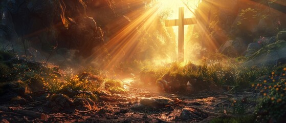 Bring to life a spiritual Easter moment with a tilted angle view of Golgothas cross, brilliantly lit by radiant sunbeams