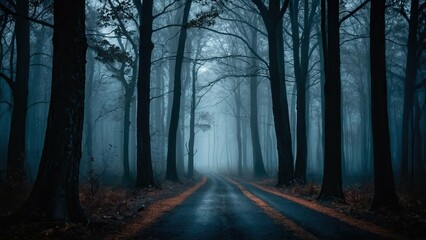 Obraz premium Foggy forest road under moonlight evoking a haunting atmosphere