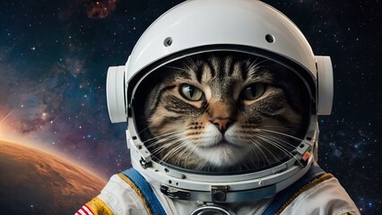 Tabby cat in an astronaut suit against Earth backdrop