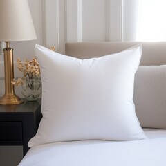 Blank template of a white pillow cover in a cozy, sunlit morning bedroom setting.