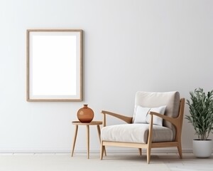 Frame mockup on a white wall in a bright room, accented by minimalist furniture and a clear aesthetic,