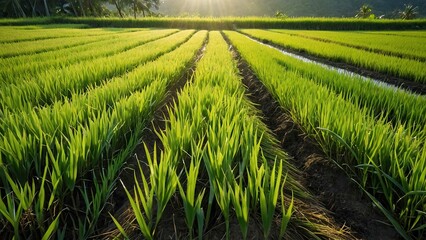 Fototapeta premium Sunset over lush green rice paddies in organized rows
