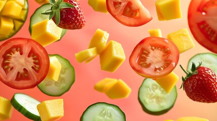 Naklejka premium Cubes of mango, strawberries, tomatoes and sliced cucumber flying up in the air, advertisement, healthy lifestyle, pastel colors background, HD, Food photography