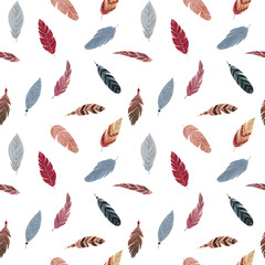Watercolor boho seamless pattern with feathers. Hand drawn illustration for fabric, wrapping paper.