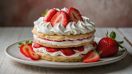 Fresh strawberry shortcake with whipped cream on a plate