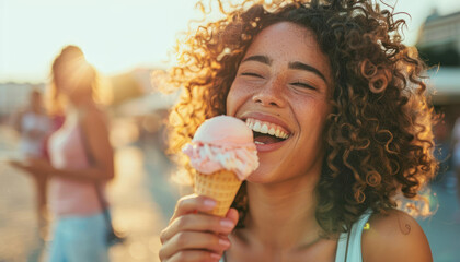 a beautiful woman with curly hair eating ice cream on the promenade in motion blur at sunset, laughing, smiling and enjoying summer time with friends - Powered by Adobe