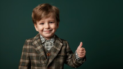 Portrait of a happy little boy in a vintage suit giving thumbs up against a dark green backdrop