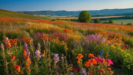 Winding countryside path through vibrant blooming meadows