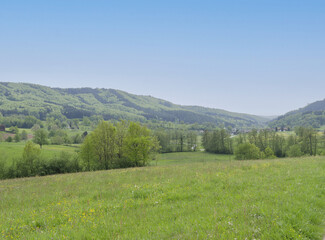 Fototapeta premium Weitenau (Steinen) im Südschwarzwald. Blick auf das Dorf am Fuße des Scheinbergs, Am Hummelberg und Talstraße L.136 vom Weiler Farnbuck