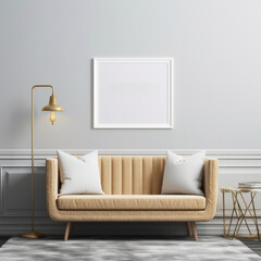 Elegant and simple frame mockup in a minimalist room with a bright, inviting ambiance.