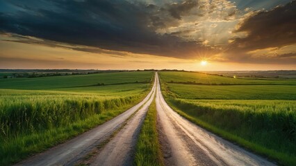 Fototapeta premium Serene sunrise over lush rural landscape with winding road