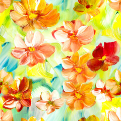 Seamless pattern of abstract painting flowers, original hand drawn, impressionism style, color texture, brush strokes of paint,  art background.
