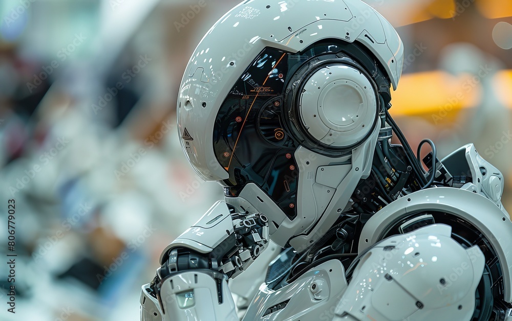 Poster advanced humanoid robot with a thoughtful expression in a tech expo