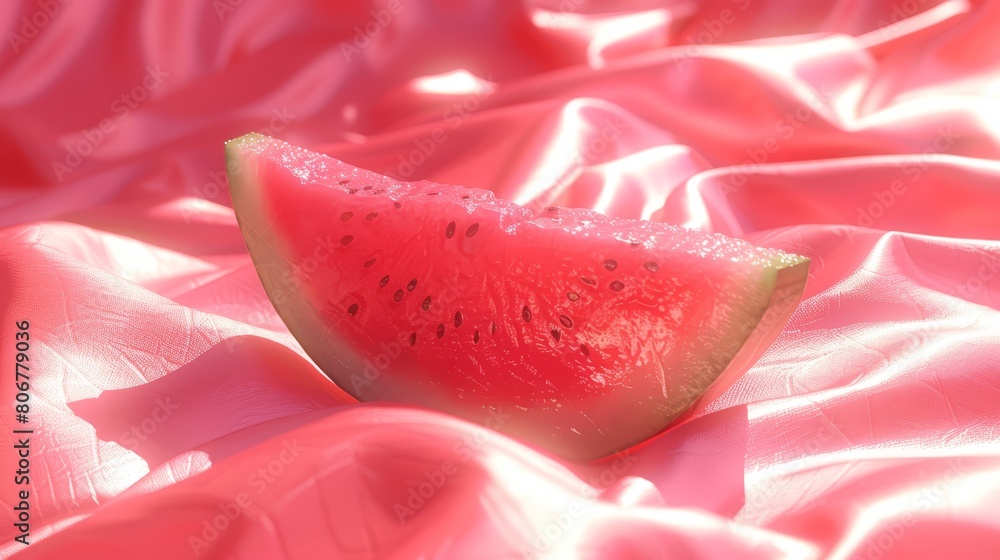 Canvas Prints   A watermelon slice atop a pink satin-covered tablecloth, placed beside a bed