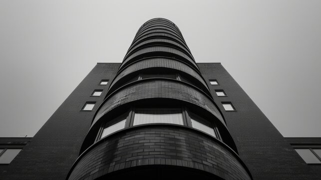   A monochrome image of a towering structure, bearing a clock on its facade and another on its side