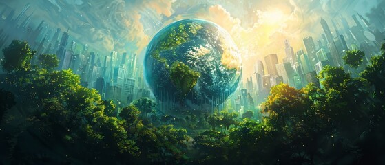 Illustrate a detailed oil painting capturing a stunning globe featuring flourishing forests
