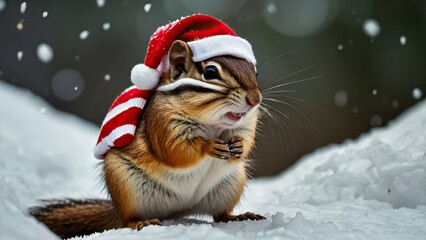 Chipmunk in a Santa hat on snowy backdrop