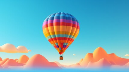 Fototapeta premium A vividly colored hot air balloon gracefully soars through a bright blue sky