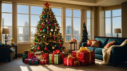 Decorated Christmas tree with presents in a cozy room
