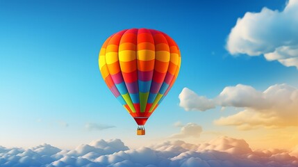 Naklejka premium A vibrant hot air balloon in a multitude of colors gracefully floats through the clear blue sky