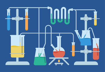 Science chemistry research. Medical or chemical laboratory tools and equipment, glassware and tubes system. Science test decent vector concept