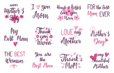 Mothers day phrases. Declarations of love to mom, decorative typography elements for cards, posters design. Handwritten lettering neoteric vector set