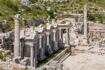 Roman nymphaeum of emperor Antoninus Pius ruins at Upper Agora in ancient Sagalassos. No people,...