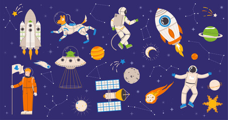 Space explorers set. Ufo in spaceship, satellite and astronauts. Different cartoon cosmonauts, star constellation and planets, snugly vector set