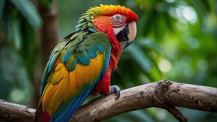 Obraz premium Colorful parrot on a branch in a lush green environment