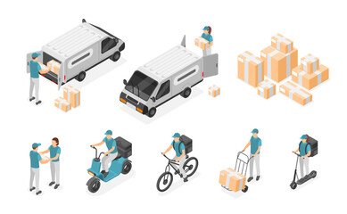 Isometric couriers. Delivery service characters and transport. Courier with parcel and cardboard boxes. Cargo truck, logistic workers flawless vector set