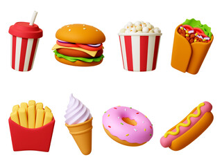 Food 3d icons. Drink, burger donut and ice cream cone. Render realistic hot dog and arabian vegan wrap. Fast meals, desserts, pithy isolated vector set