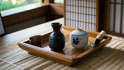 Traditional Japanese sake set on bamboo mat for cultural event