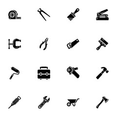 Tools icon - Expand to any size - Change to any colour. Perfect Flat Vector Contains such Icons as wrench, brush, hammer, measurement instrument, screwdriver, pliers, roller, gardening wheelbarrow.