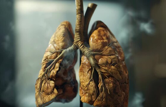 Slow motion video of Anatomically detailed representation of human lungs showing severe damage from tobacco smoke, with a ghostly smoke effect emphasizing the health impacts