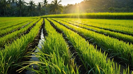 Sunset over lush green rice paddies in organized rows