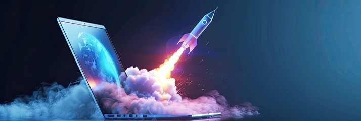 Rocket Launch from Open Laptop, Innovation, Technology, Startup